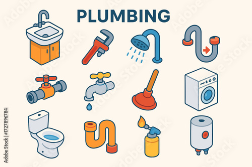 Plumbing Icons Collection. Colorful isometric vector icons set of Common Plumbing