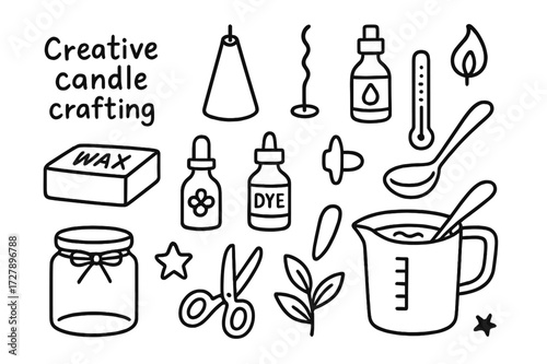 Creative Candle Crafting Doodle. Hand-drawn doodle illustration Creative candle crafting Wax block, candle mold, wick, fragrance bottle, color dye, melting