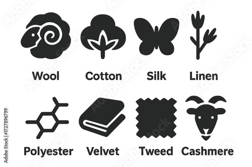 Fabric Icons Grid. Solid, filled icon set of suit fabrics: wool, cotton, silk, linen, polyester, velvet, tweed, cashmere. Solid, filled icons in only black