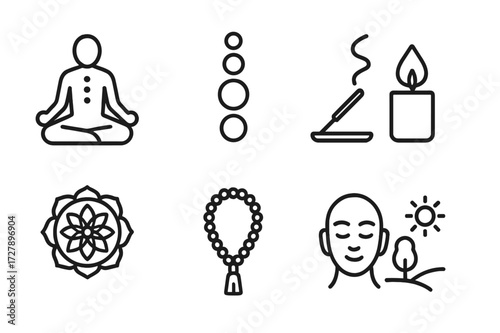 Meditation Icon Set. Outline icon set of meditation: lotus pose, chakras, mandala, incense, candle, peaceful face, prayer beads, nature. Line icons in only