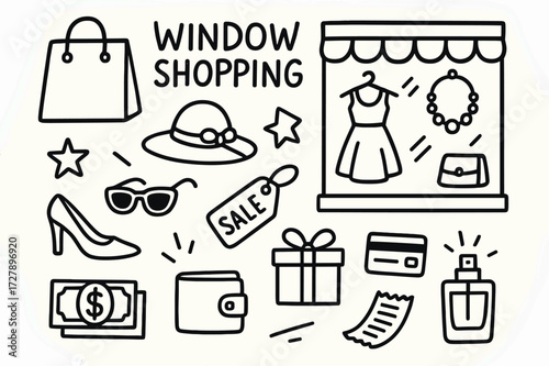 Window Shopping Doodles. Hand-drawn doodle illustration Window shopping fun [shopping bag, store window, dress, shoes, hat, sunglasses, necklace, star, sale