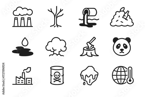 Environmental Icons Set. Environmental impact. Line icon set of environmental impact: smog, dead tree, polluted river, garbage heap, oil spill, smoke cloud,