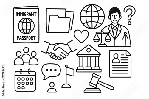 Immigrant Legal Doodle. Hand-drawn doodle illustration Immigrant legal assistance [passport, globe, folder, lawyer, handshake, scale of justice, heart,