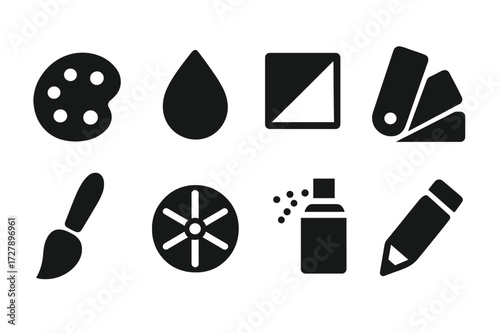 Color Tools Icons. Solid, filled icon set of accent colors: paint palette, color drop, gradient, swatch book, paintbrush, color wheel, spray paint, pencil.