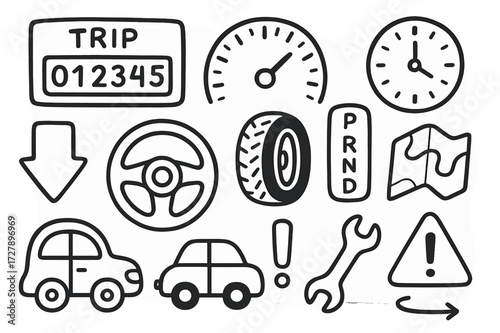 Car Dashboard Doodles. Hand-drawn doodle illustration [Car trip meter interface] [dashboard, odometer, speedometer, button, arrow, steering wheel, tire, fuel