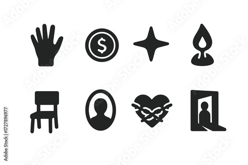 Icons of Desire. Solid, filled icon set of desire and longing: reaching hand, wish coin, distant star, tear over flame, empty chair, mirror reflection, heart