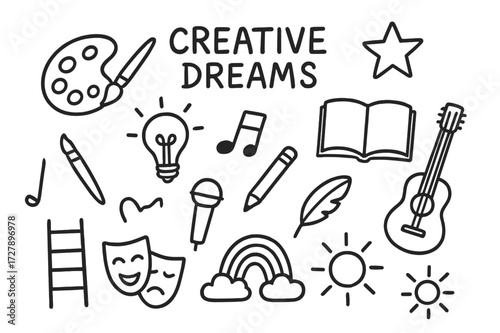 Creative Symbols Doodle. Hand-drawn doodle illustration Creative dreams art palette, paintbrush, lightbulb, star, book, pencil, music note, microphone, guitar,