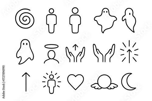 Astral Projection Icons. Astral projection. Line icon set of astral projection: ethereal swirl, human figure, floating spirit, ghostly silhouette, halo, open