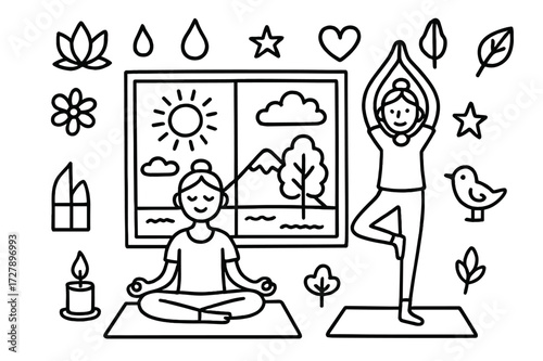 Yoga Pose Doodle. Hand-drawn doodle illustration a person performing yoga poses in front of a window with a beautiful view yoga mat, lotus pose, tree pose,
