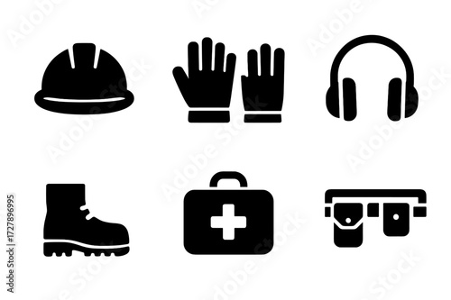 Construction Safety Icons. Solid, filled icon set of wooden construction safety: hard hat, safety goggles, gloves, ear protection, safety boots, first aid kit,