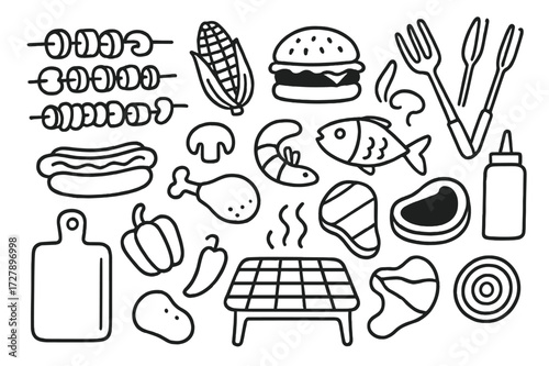 BBQ Grill Doodle. Hand-drawn doodle illustration grilling food skewers, corn cob, burger, hotdog, fish, shrimp, chicken leg, steak, mushrooms, bell pepper,