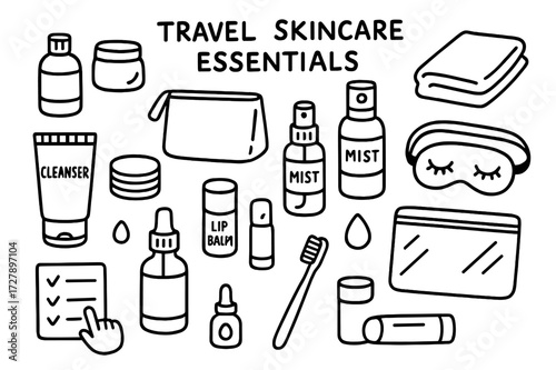 Travel Skincare Essentials. Hand-drawn doodle illustration [Travel skincare essentials] small bottles, pouch, towel, cleanser, cotton pads, mist spray, lotion,