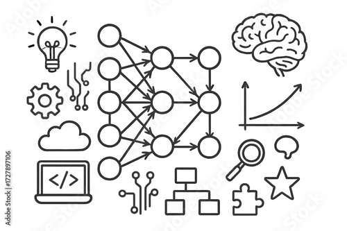 Neural Network Doodle. Hand-drawn doodle illustration Neural network visualization [nodes, layers, arrows, brain, graph, circuit, gear, light bulb, laptop,