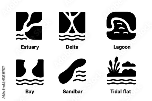 Tidal Geography Icons. Solid, filled icon set of tidal geography: estuary, delta, inlet, lagoon, bay, sandbar, marshland, tidal flat. [Solid, filled icons in