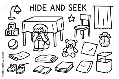 Hide and Seek Chaos. Hand-drawn doodle illustration Hide and seek game table, child figure, toy blocks, teddy bear, chair, curtain, ball, pillow, blanket, box,