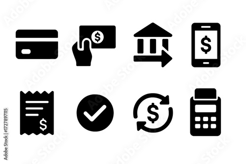 Financial Transaction Icons. Solid, filled icon set of financial transactions: credit card, cash payment, bank transfer, mobile payment, receipt, transaction