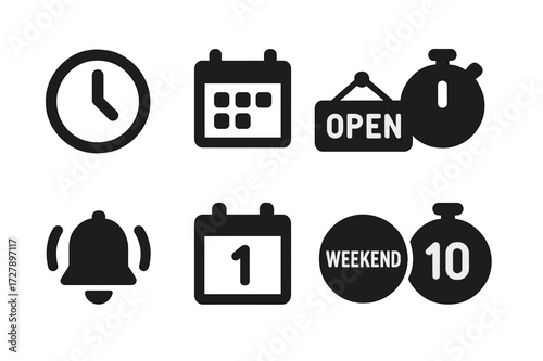 Market Schedule Icons. Solid, filled icon set of market times and schedules: clock, calendar, opening hours sign, timer, alarm bell, calendar date, weekend