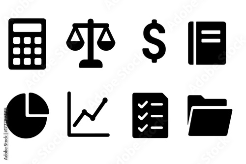 Net Worth Icons. Solid, filled icon set of net worth calculation: calculator, balance scale, dollar sign, ledger book, pie chart, line graph, checklist,