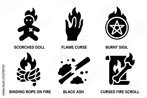 Fire Curses Icons. Solid, filled icon set of fire curses and hexes: scorched doll, flame curse hand, burnt sigil, binding rope on fire, black ash, broken wand,