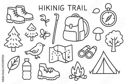 Hiking Essentials Doodle. Hand-drawn doodle illustration [hiking trail experience] [hiking boots, walking stick, backpack, map, compass, pine tree, oak tree,