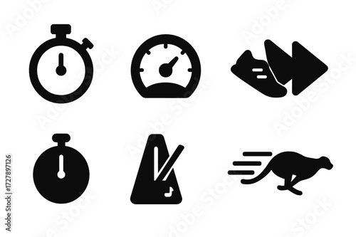 Speed Icons Grid. Solid, filled icon set of pace and speed: stopwatch, speedometer, running shoe, fast forward arrow, timer, metronome, clock with speed lines,