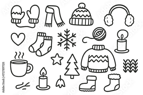 Cozy Winter Doodles. Hand-drawn doodle illustration Cozy winter accessories [mittens, scarf, hat, earmuffs, wool socks, snowflake, yarn ball, hot cocoa mug,