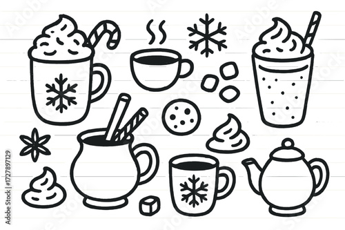 Festive Hot Beverage Icons. Hand-drawn doodle illustration Festive dessert drinks [mug with whipped cream, candy cane, cinnamon stick, star anise,