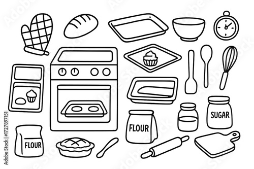 Baking Tools Doodle. Hand-drawn doodle illustration Oven and baking trays [oven, tray, cupcake, bread loaf, pie, oven mitt, whisk, spatula, spoon, timer,