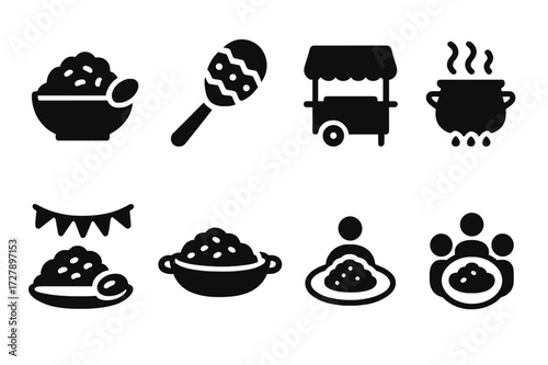 Rice and Beans Icons. Solid, filled icon set of rice and beans cultural elements: Latin America, Caribbean, soul food, street food, home cooking, festival