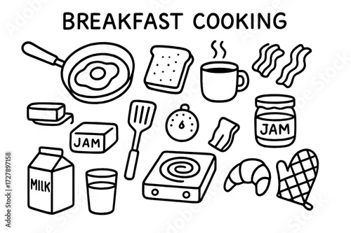 Breakfast Doodle Art. Hand-drawn doodle illustration [Breakfast cooking] [frying pan, handle, egg, toast, bacon, coffee mug, butter, jam jar, spatula, timer,