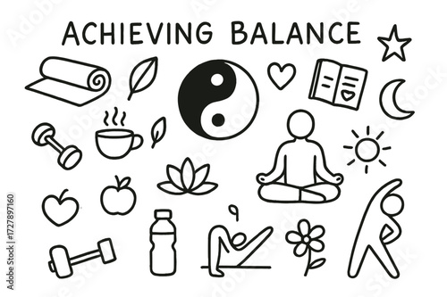 Achieving Balance Icons. Hand-drawn doodle illustration Achieving balance yin yang, yoga mat, lotus pose, tea cup, leaf, journal, heart, star, sun, moon,