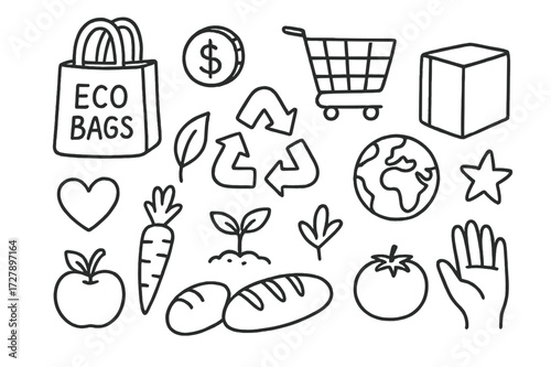 Eco Shopping Doodles. Hand-drawn doodle illustration Eco shopping habits cloth bag, coin, cart, recycle symbol, leaf, sprout, globe, heart, star, book, apple,