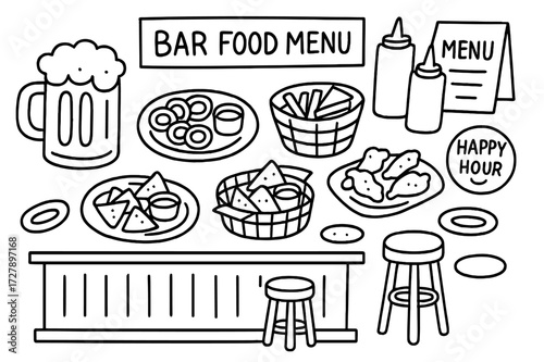 Bar Snack Icons. Hand-drawn doodle illustration [Bar food menu] [beer mug, fried calamari, nachos, chicken wings, dipping sauce, fries, coaster, bar counter,