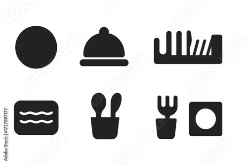 Dishware Icons Grid. Solid, filled icon set of dishware accessories: coaster, lid cover, plate stand, dish rack, drying mat, spoon rest, utensil holder, napkin