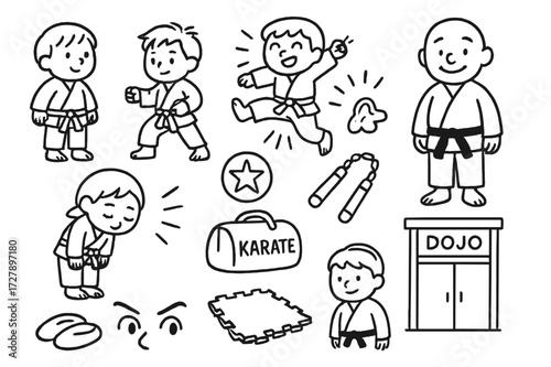Karate Kids Doodle. Hand-drawn doodle illustration Karate Kids [child in gi, small belt, practice partner, cheerful kick, jumping pose, dojo bag, smiling
