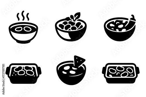 Boiled Bean Dish Icons. Solid, filled icon set of boiled bean dishes: bean soup, bean stew, bean salad, chili beans, baked beans, bean dip, bean curry, bean