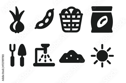 Onion and Bean Icons. Solid, filled icon set of onion and bean farming: onion plant, bean pod, onion harvest basket, bean sack, farming tools, irrigation