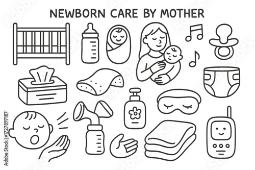 Newborn Care Doodles. Hand-drawn doodle illustration [Newborn care by mother] [crib, bottle, swaddle, lullaby music, pacifier, diaper, baby wipes, burp cloth,