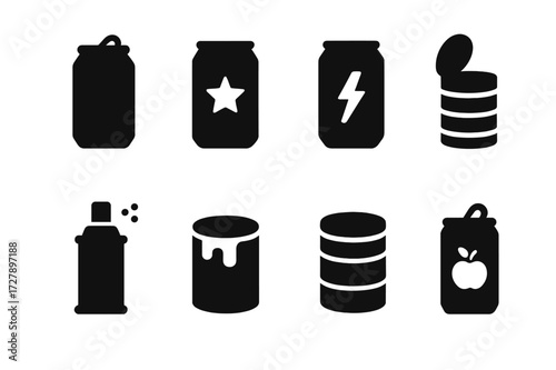 Various Can Icons. Solid, filled icon set of can types: soda can, beer can, energy drink can, canned food, aerosol spray can, paint can, soup can, juice can.