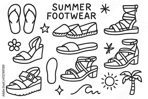 Summer Footwear Doodle. Hand-drawn doodle illustration Summer Footwear [flip flops, espadrilles, gladiator sandals, wedge sandal, slide sandal, strappy sandal,