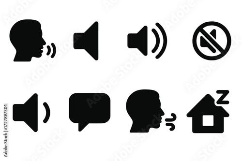 Whisper Sound Icons. Solid, filled icon set of whisper sounds and signals: soft voice, muted speaker, sound waves fading, no sound sign, volume down, silent