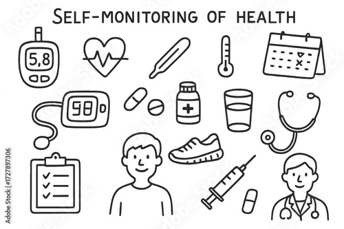 Health Monitoring Doodle Icons. Hand-drawn doodle illustration Self-monitoring of health Glucose meter, blood pressure monitor, thermometer, heart, calendar,