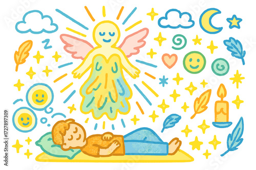 Dreamy Spiritual Journey. Transcendence. Colorful Hand-drawn doodle Children illustration Glowing spirit, person lying down, wings, stars, light rays, moon,
