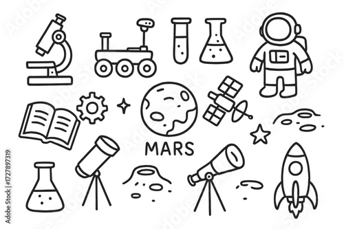 Mars Science Doodle. Hand-drawn doodle illustration Mars science laboratory microscope, rover, test tube, beaker, flask, astronaut, satellite, telescope, book,