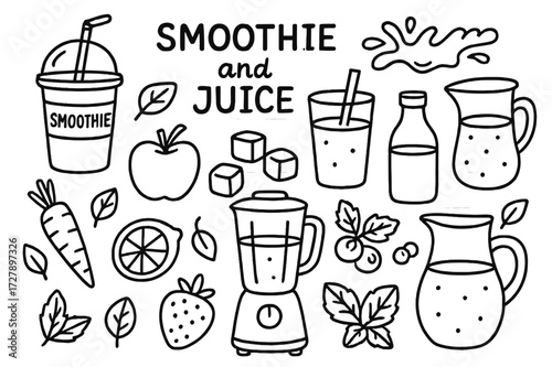 Smoothie and Juice Doodles. Hand-drawn doodle illustration Smoothie and juice, glass of juice, smoothie cup, straw, blender, fruits, vegetables, ice cubes,