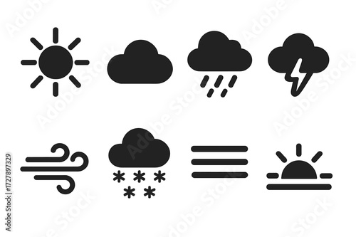 Weather Icons Grid. Solid, filled icon set of vibes weather: sunny, cloudy, rainy, stormy, windy, snowy, foggy, sunset. Solid, filled icons in only black