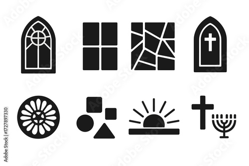 Stained Glass Icons. Solid, filled icon set of stained glass elements: stained glass window, colored glass pane, mosaic pattern, church window, rose window,