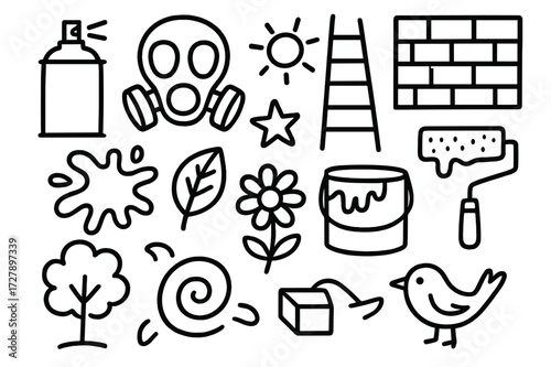 Street Art Icons. Hand-drawn doodle illustration Street art mural spray can, mask, ladder, wall, paint bucket, roller brush, paint splash, sun, star, flower,