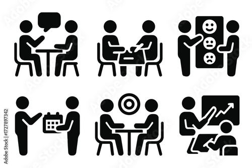 Advisor Interaction Icons. Solid, filled icon set of advisor client interaction: consultation, contract signing, feedback form, document review, schedule