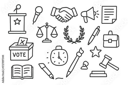 Political Symbols Doodle. Hand-drawn doodle illustration political leadership podium, microphone, handshake, megaphone, document, flag, scales of justice,